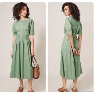 White Stuff Celeste Midi Dress Cotton Boho Prairie Short Sleeve Dress Green